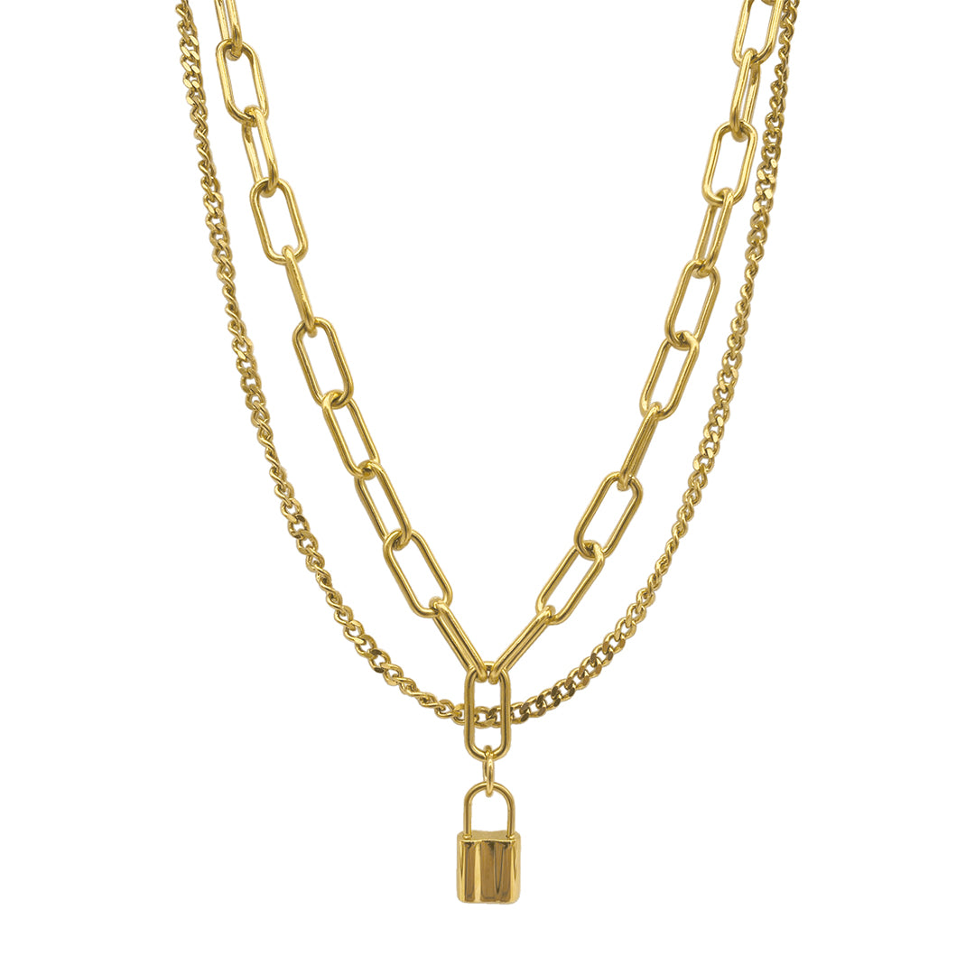 14K GOLD STAINLESS STEEL PAPER CLIP PADLOCK PENDANT NECKLACE