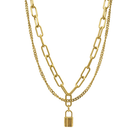 Layered Curb and Paper Clip Chain Lock Necklace gold