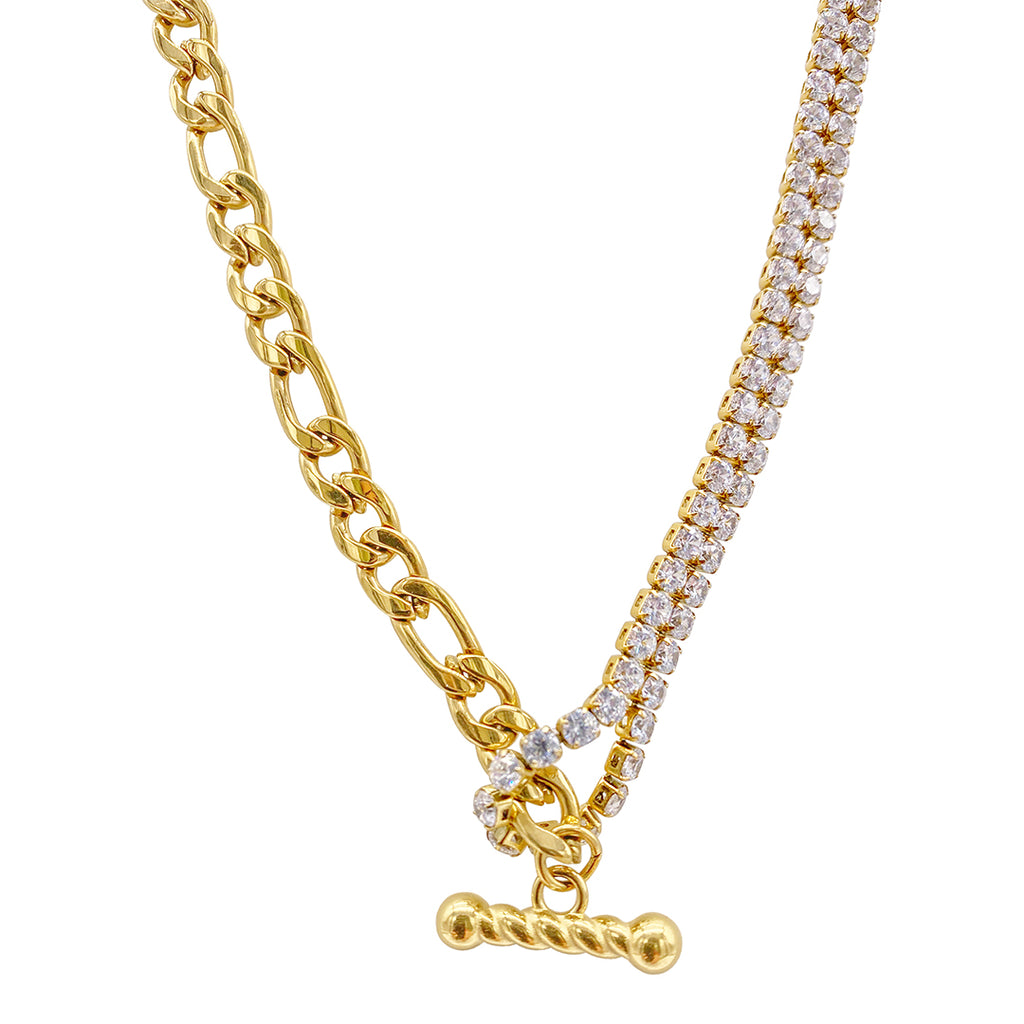 Half and Half Figaro and White Crystal Toggle Necklace gold