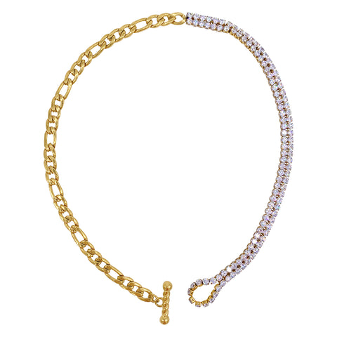 Half and Half Figaro and White Crystal Toggle Necklace gold