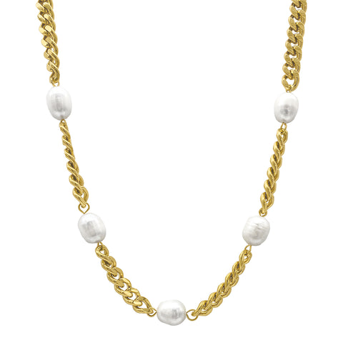 Curb Chain and Freshwater Pearl Necklace gold