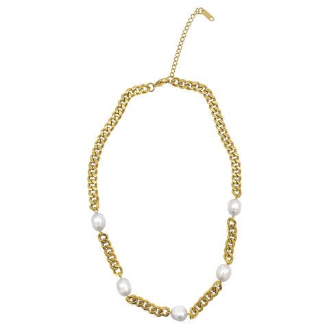 Curb Chain and Freshwater Pearl Necklace gold