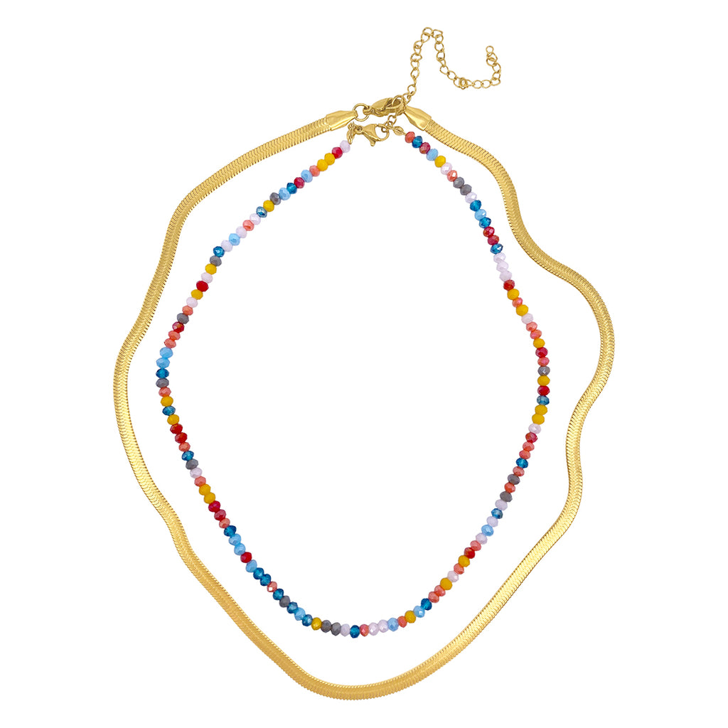 Rainbow Beaded Necklace and Herringbone Necklace Set gold
