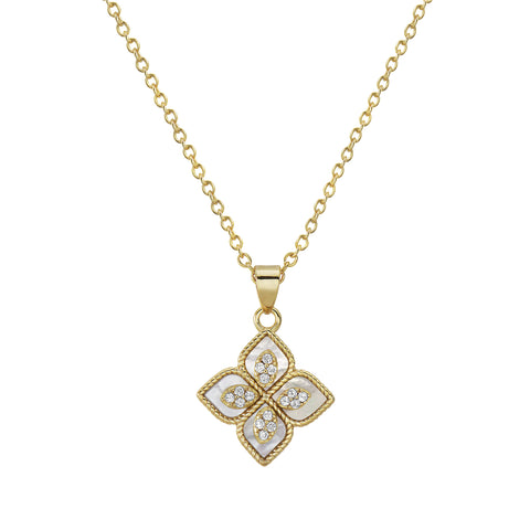 14k Gold Plated Renaissance Flower Crystal White Mother of Pearl Necklace