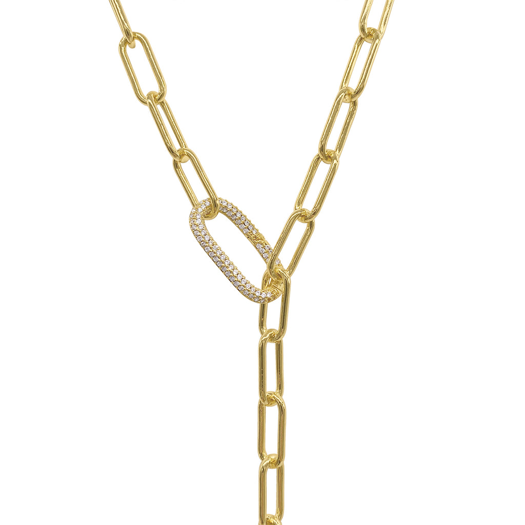 Paper Clip Chain Lariat Necklace with Crystal Adjustable Lock gold