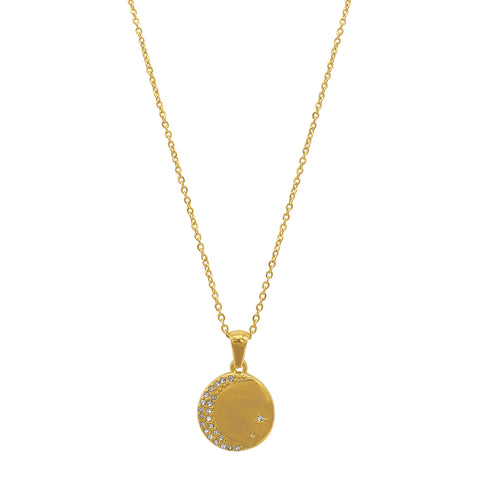 Moon and Star Pave Disc Necklace gold