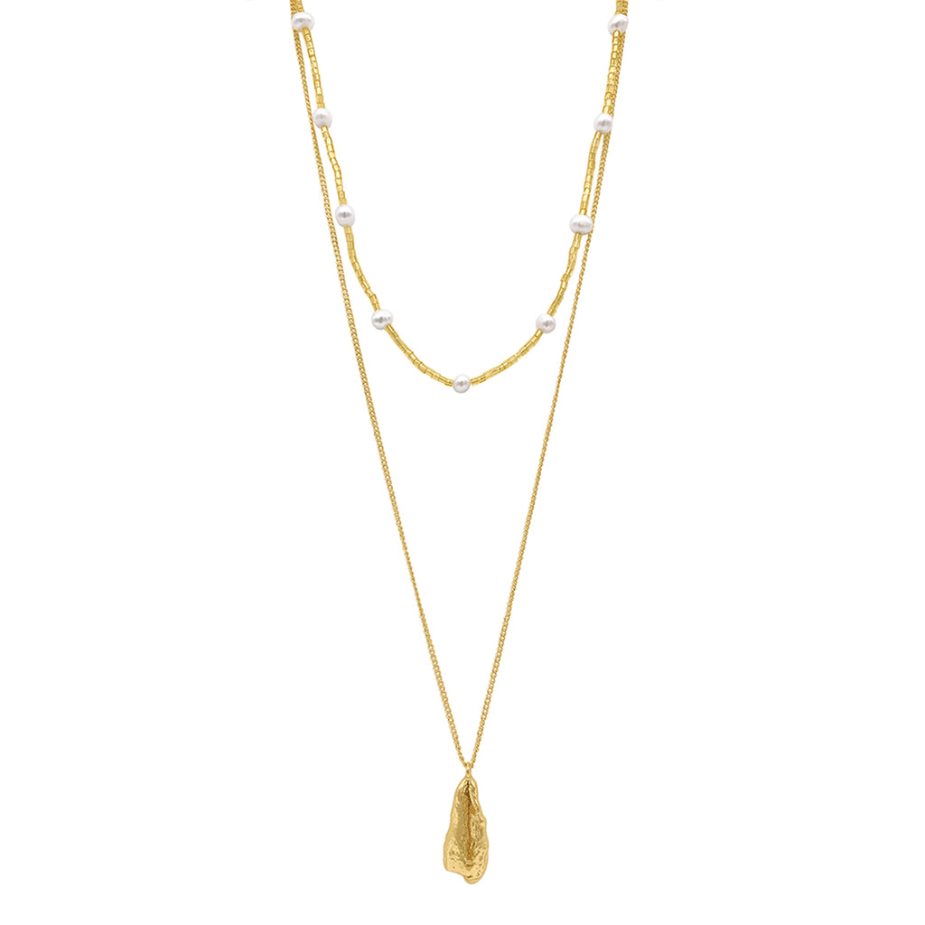 Layered Pendant and Pearl Bead Necklace gold