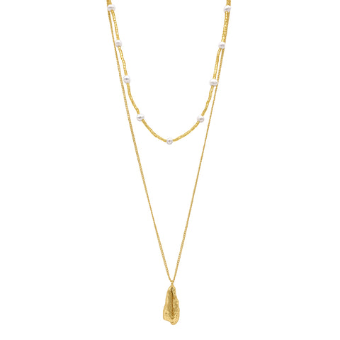 Tarnish Resistant 14k Gold Plated Layered Pendant and Pearl Bead Necklace Set