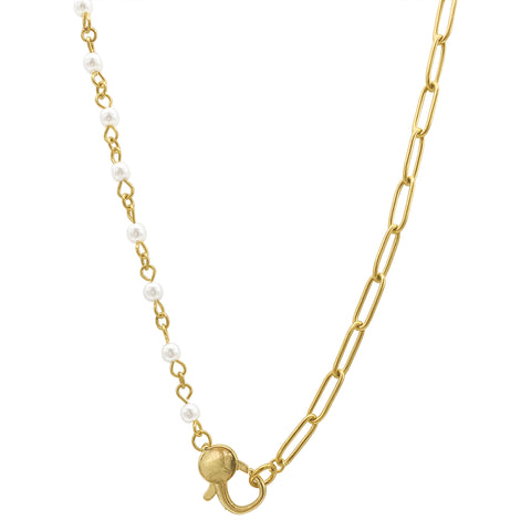 Mosaic Pearl and Chain Lock Necklace gold