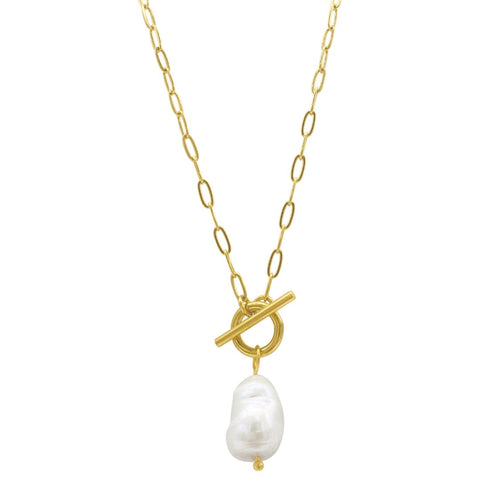 Paper Clip Chain Toggle Necklace with Freshwater Pearl gold