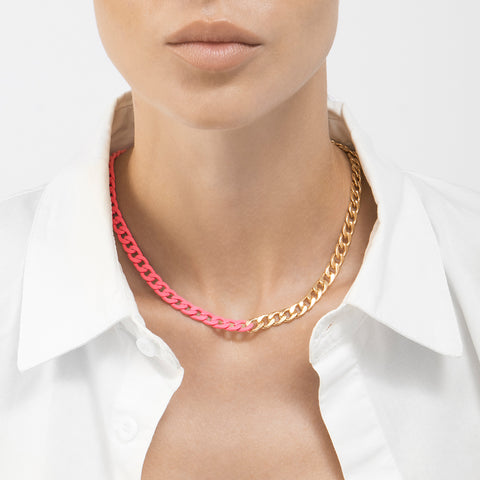 Half Neon Pink Half Gold Curb Chain Necklace