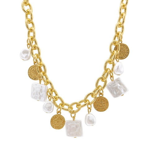 Oval Link Chain with Hammered Coin and Multishape Pearl Charms Necklace gold