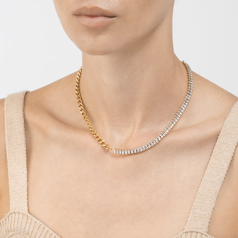 Mix Curb Chain and Baguette Tennis Necklace gold