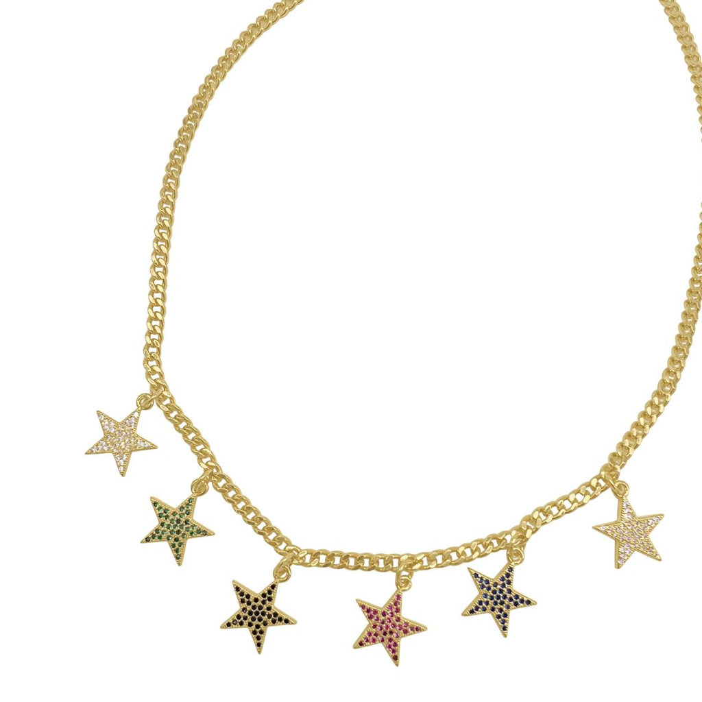 Multi Color Pave Star Curb Chain Dangle Necklace gold