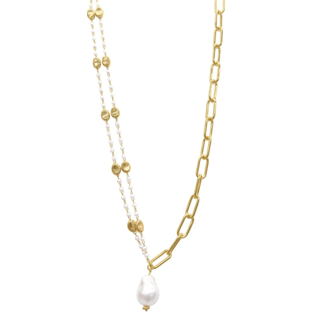 Mixed Rosary and Paper Clip Chain Necklace with Freshwater Pearl Drop gold