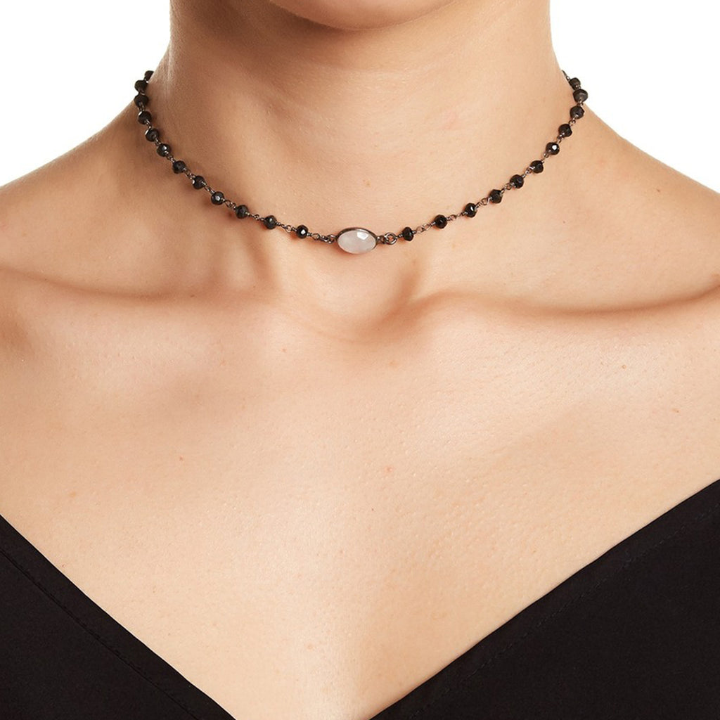 Rosary Choker Necklace moonstone black spinel silver