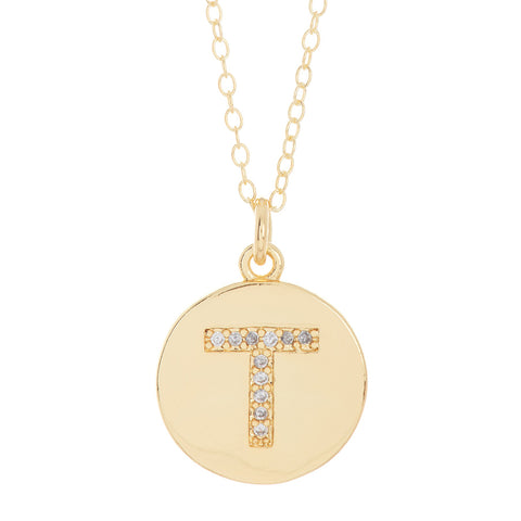 Initial Pave Disc Necklace gold