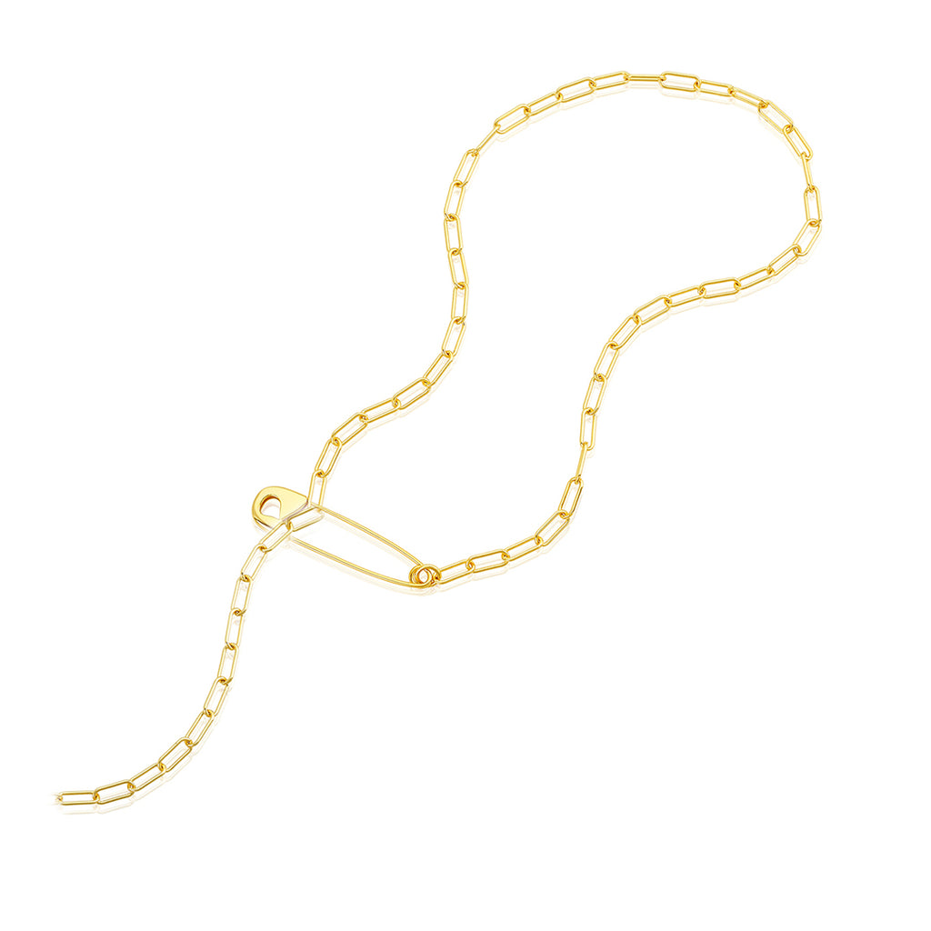 Safety Pin Paper Clip Chain Lariat Necklace gold