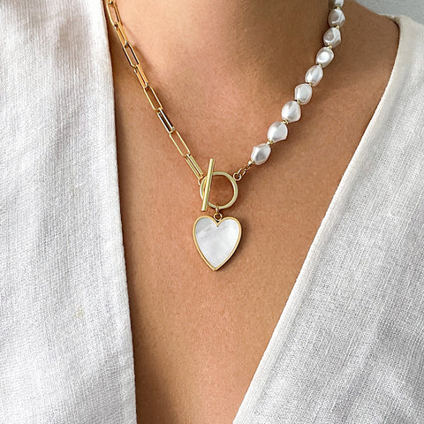 Pearl and Chain Heart Toggle Necklace gold