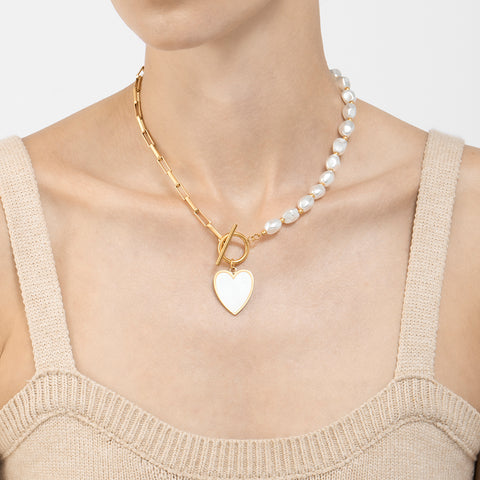 Pearl and Chain Heart Toggle Necklace gold