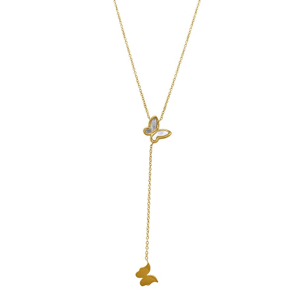 Mother of Pearl Butterfly Lariat Necklace gold