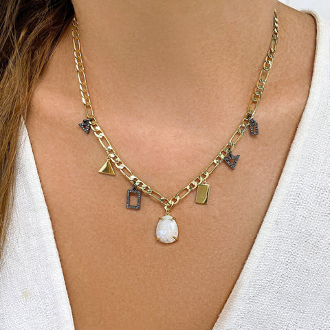 Organic Cut Moonstone and Mixed Shapes Diamond Necklace on a Figaro Chain silver gold