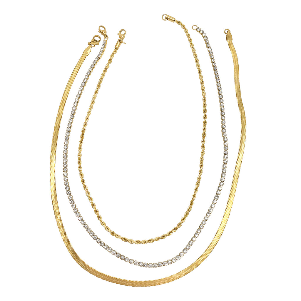 Herringbone Chain, Rope Chain, and Tennis Necklace Set gold