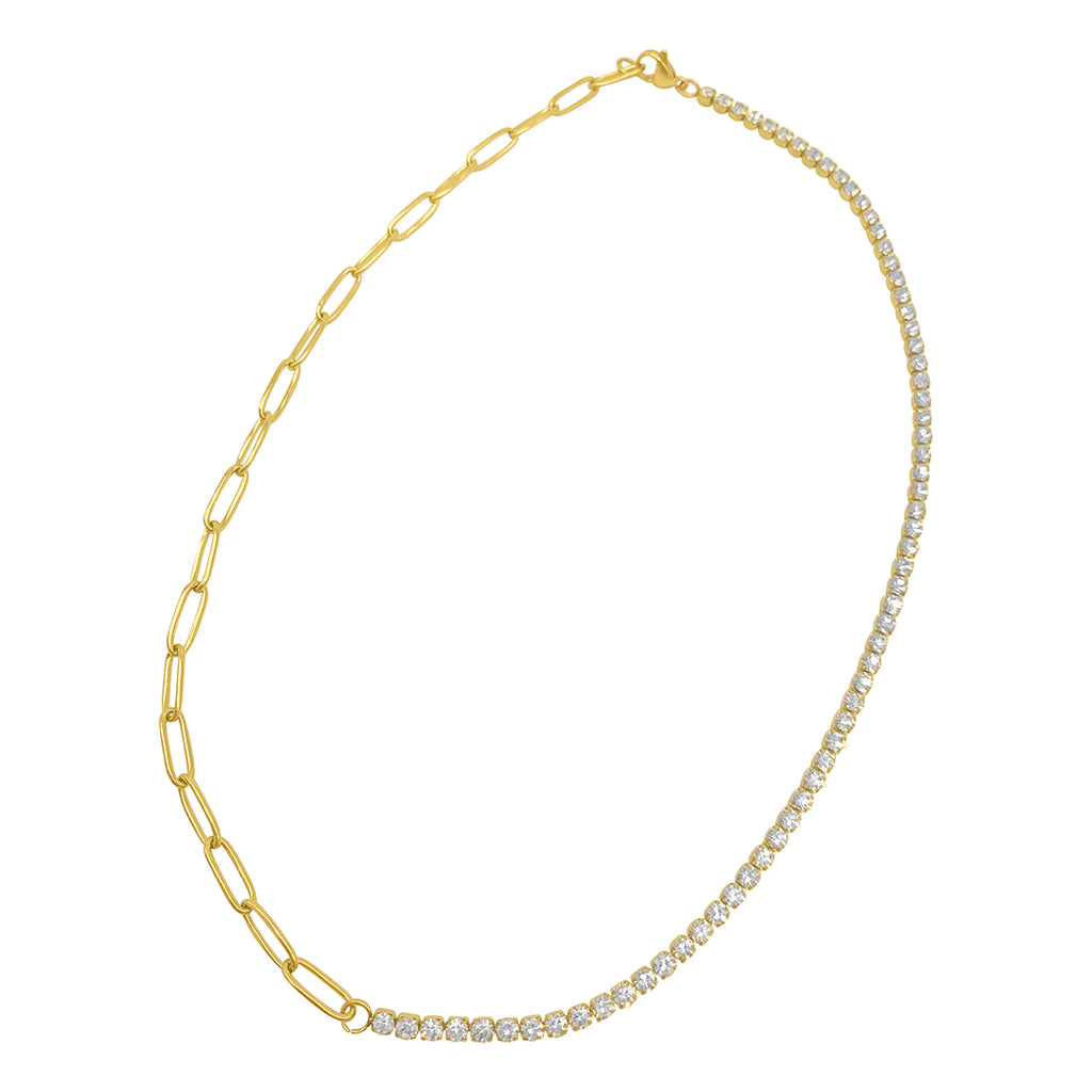 Half Tennis Necklace and Paper Clip Chain gold