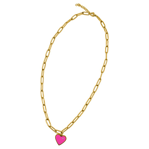 Tarnish Resistant 14k Gold Plated Heart Paper Clip Chain Necklace pink