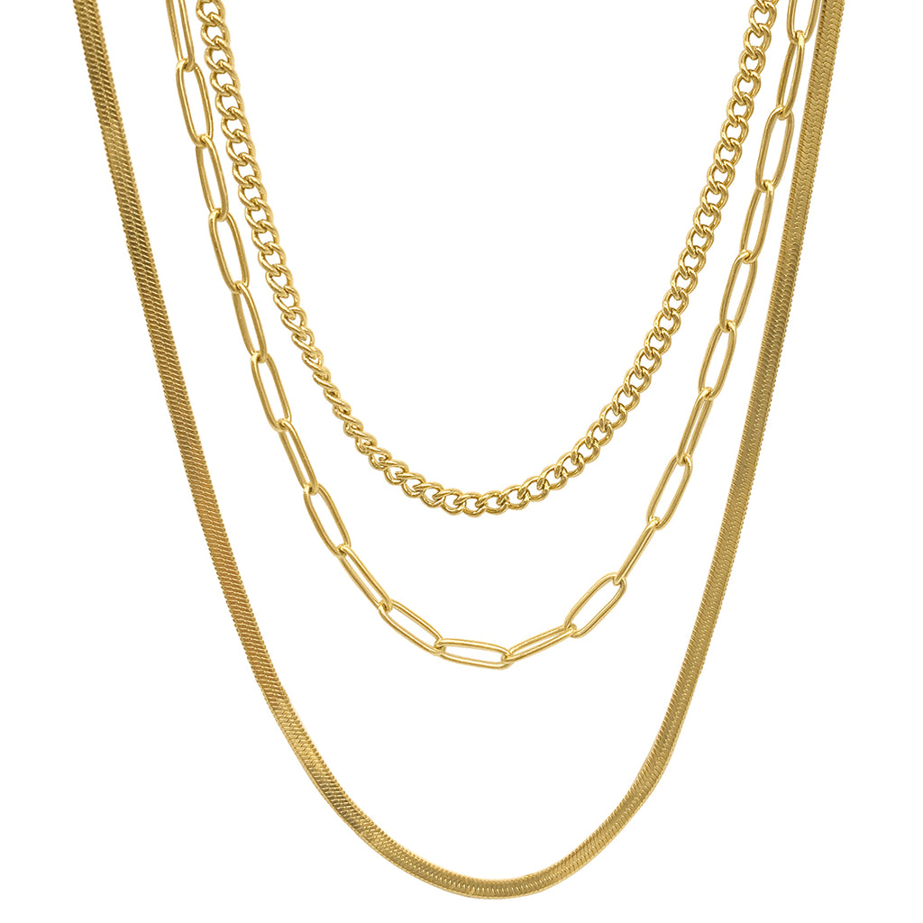 Tarnish Resistant 14k Gold Plated Curb, Herringbone, and Paper Clip Chain Necklace Set