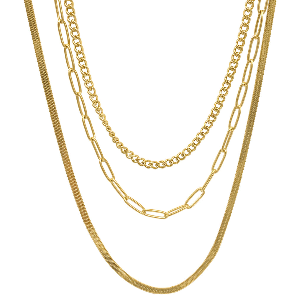 Curb Chain, Paper Clip Chain, and Herringbone Chain Necklace Set gold