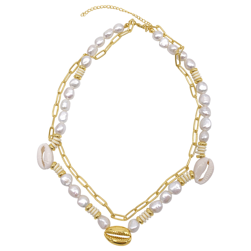 Pearl and Shell with Paper Clip Chain Double Necklace gold