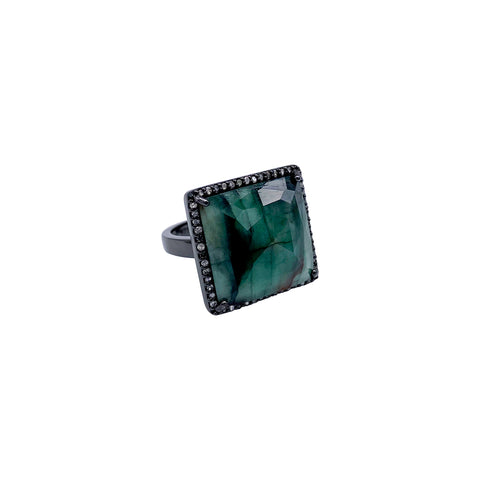 Suri Emerald and Diamond Halo Slice Ring silver