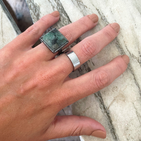 Suri Emerald and Diamond Halo Slice Ring silver
