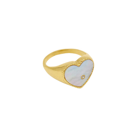 Heart White Mother of Pearl Signet Ring gold
